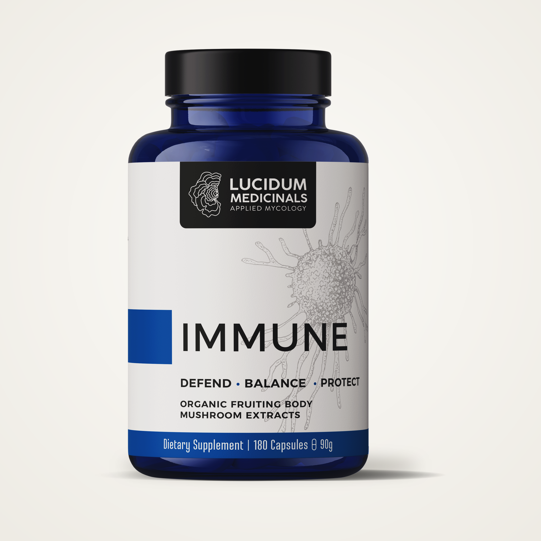 IMMUNE by Lucidum Medicinals, 180-capsule bottle of organic fruiting body mushroom extracts