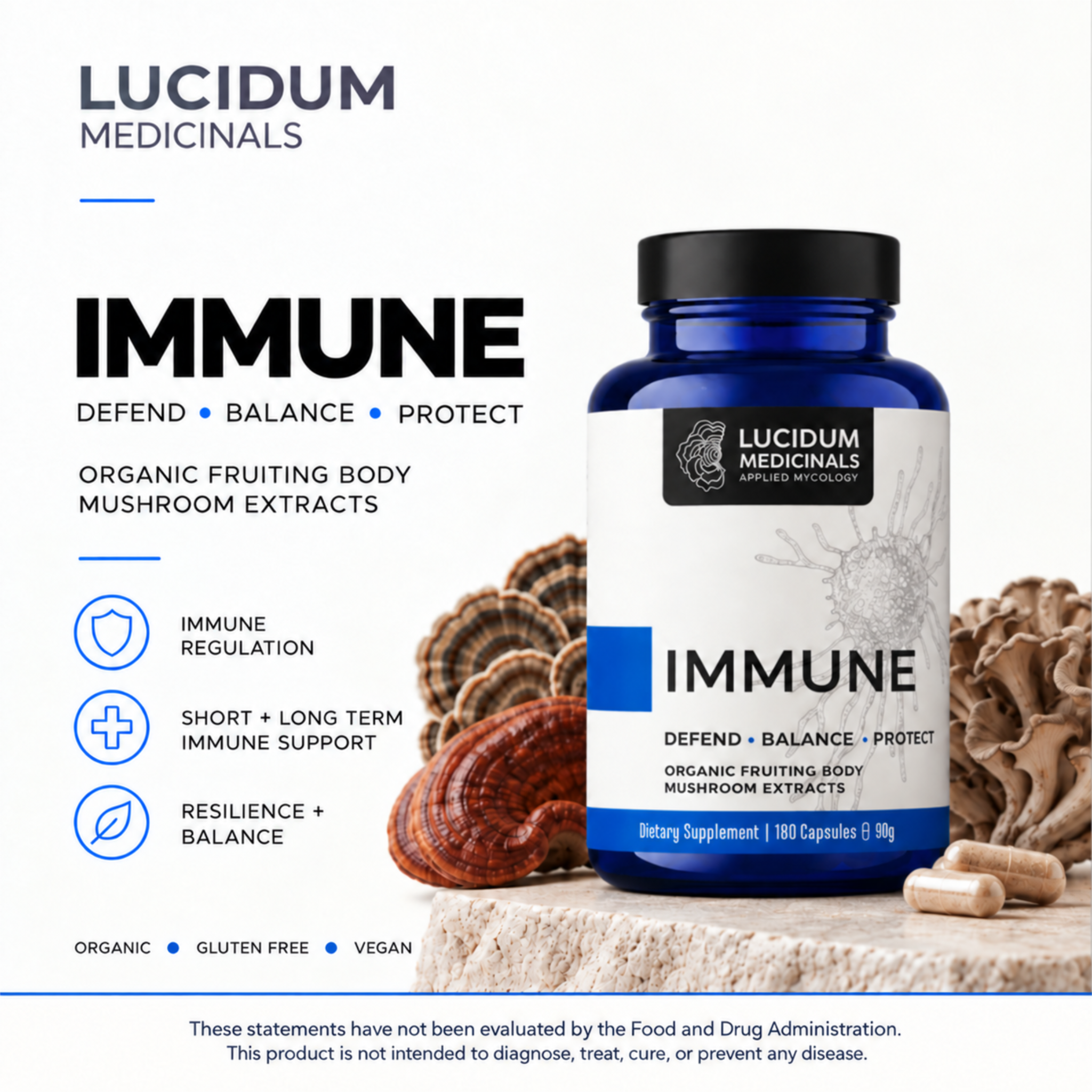 IMMUNE bottle with three benefits: immune regulation, short- and long-term immune support, resilience and balance