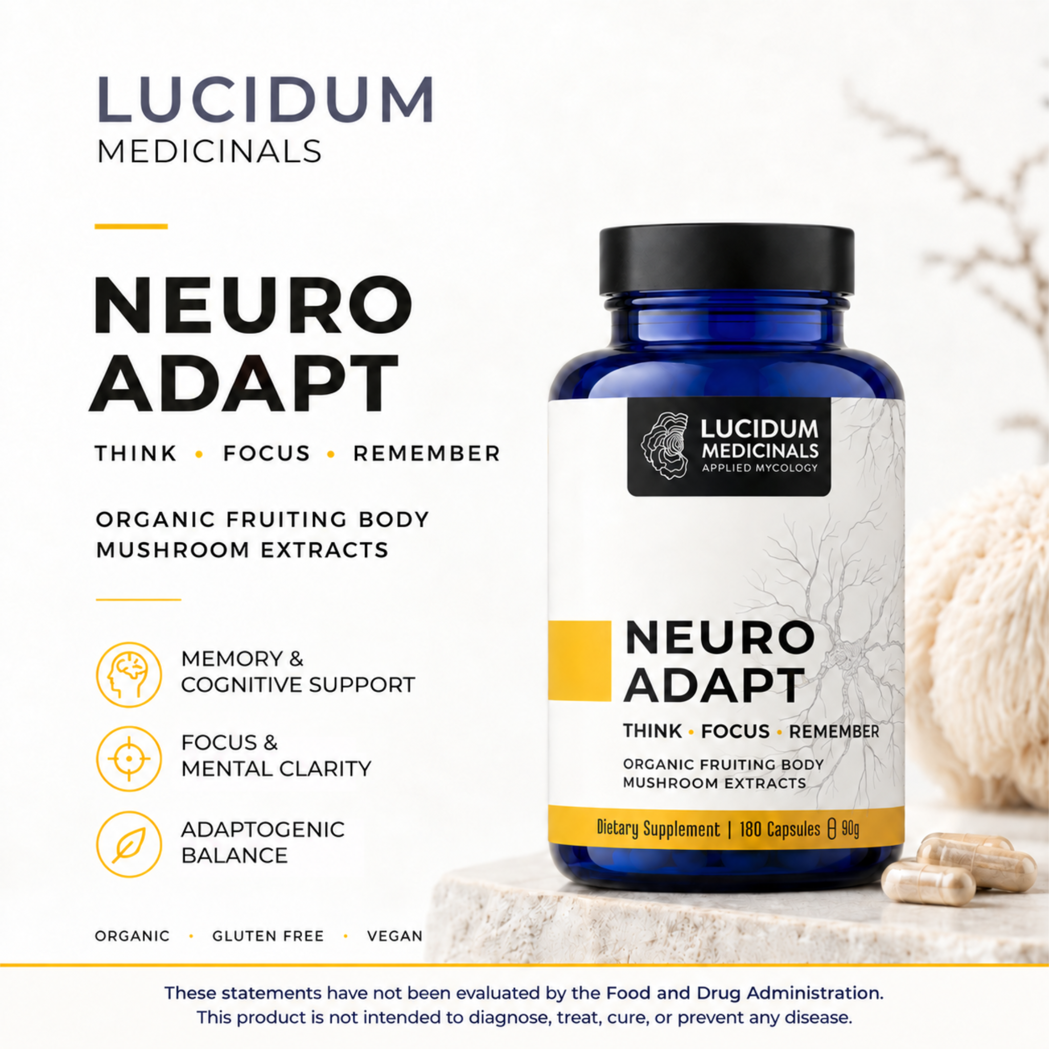 NEUROADAPT bottle with three benefits: memory and cognitive support, focus and mental clarity, adaptogenic balance