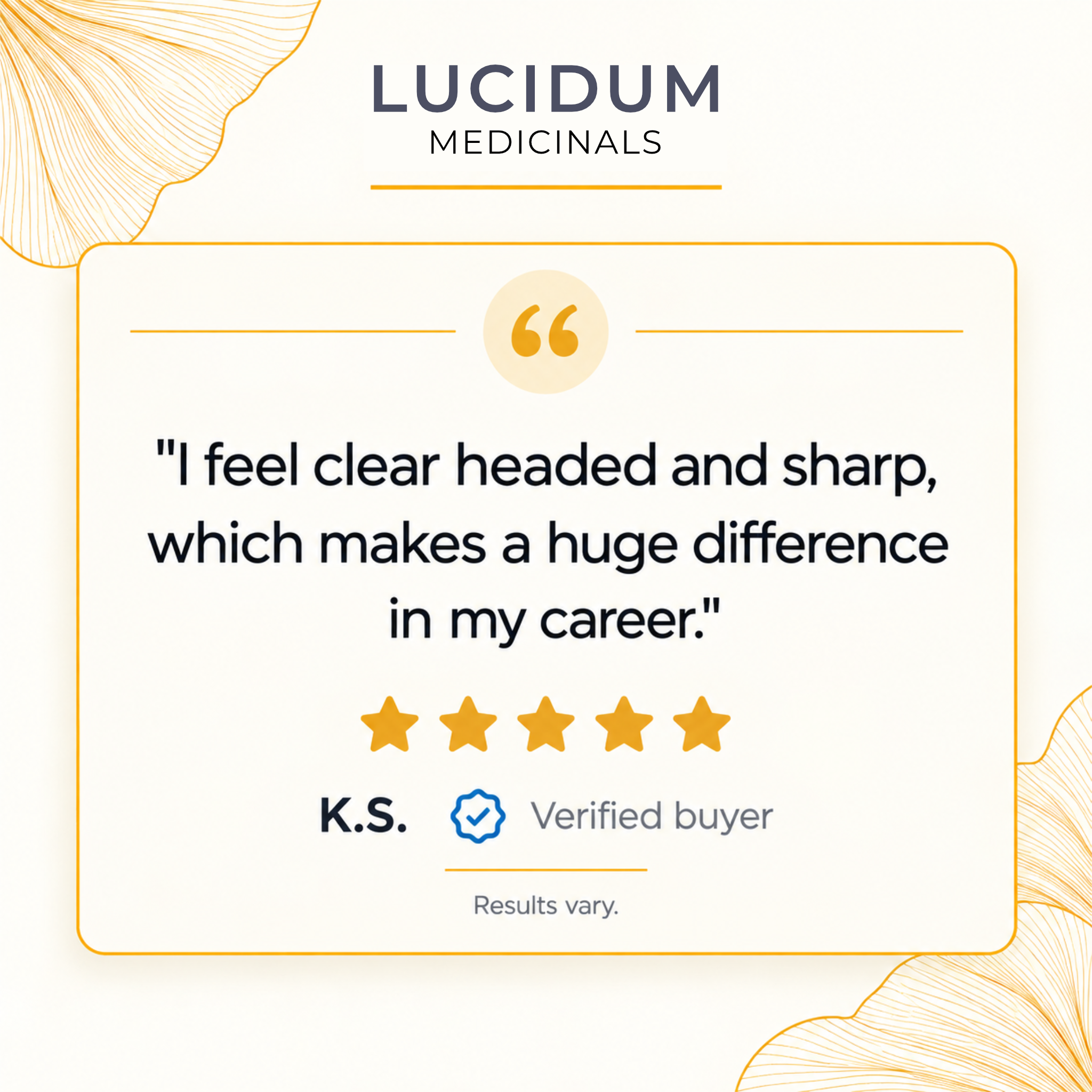 Five-star NEUROADAPT review from K.S., a verified buyer: "I feel clear headed and sharp, which makes a huge difference in my career."