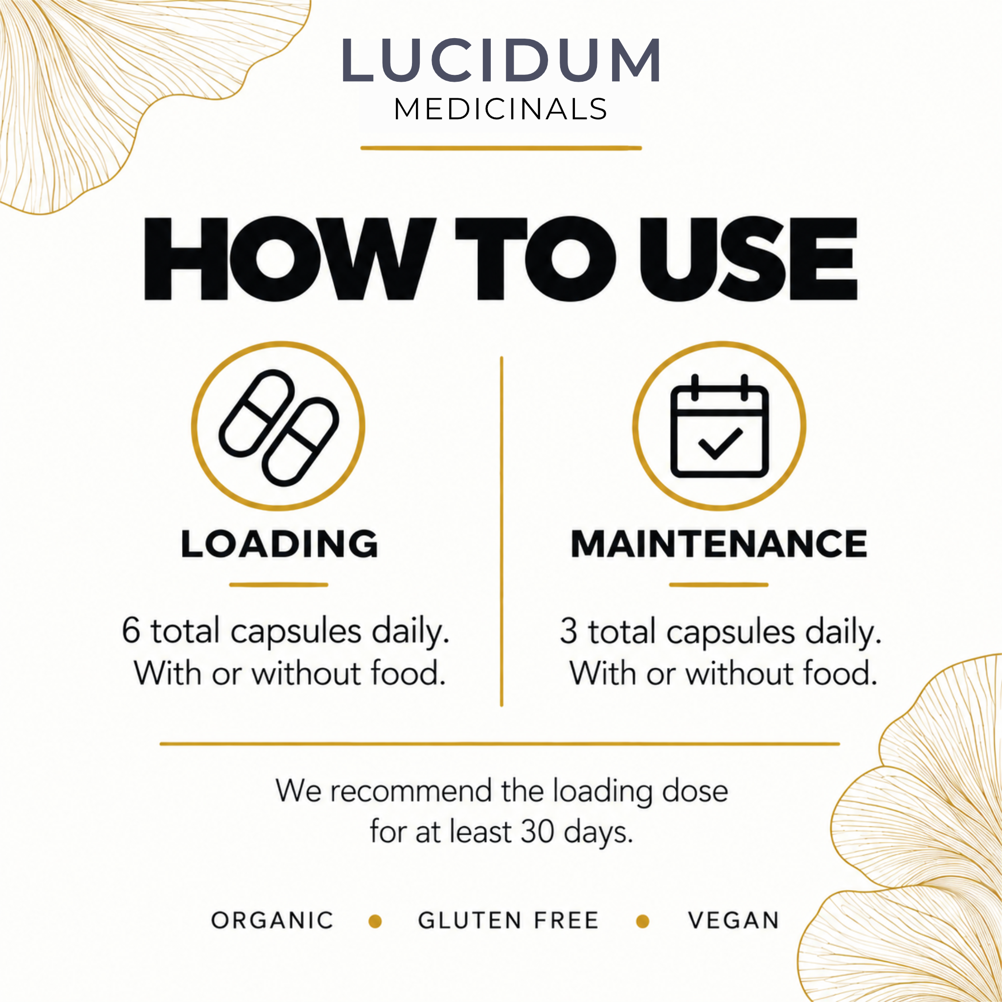 How to take NEUROADAPT: loading dose 6 capsules daily, maintenance dose 3 capsules daily, with or without food