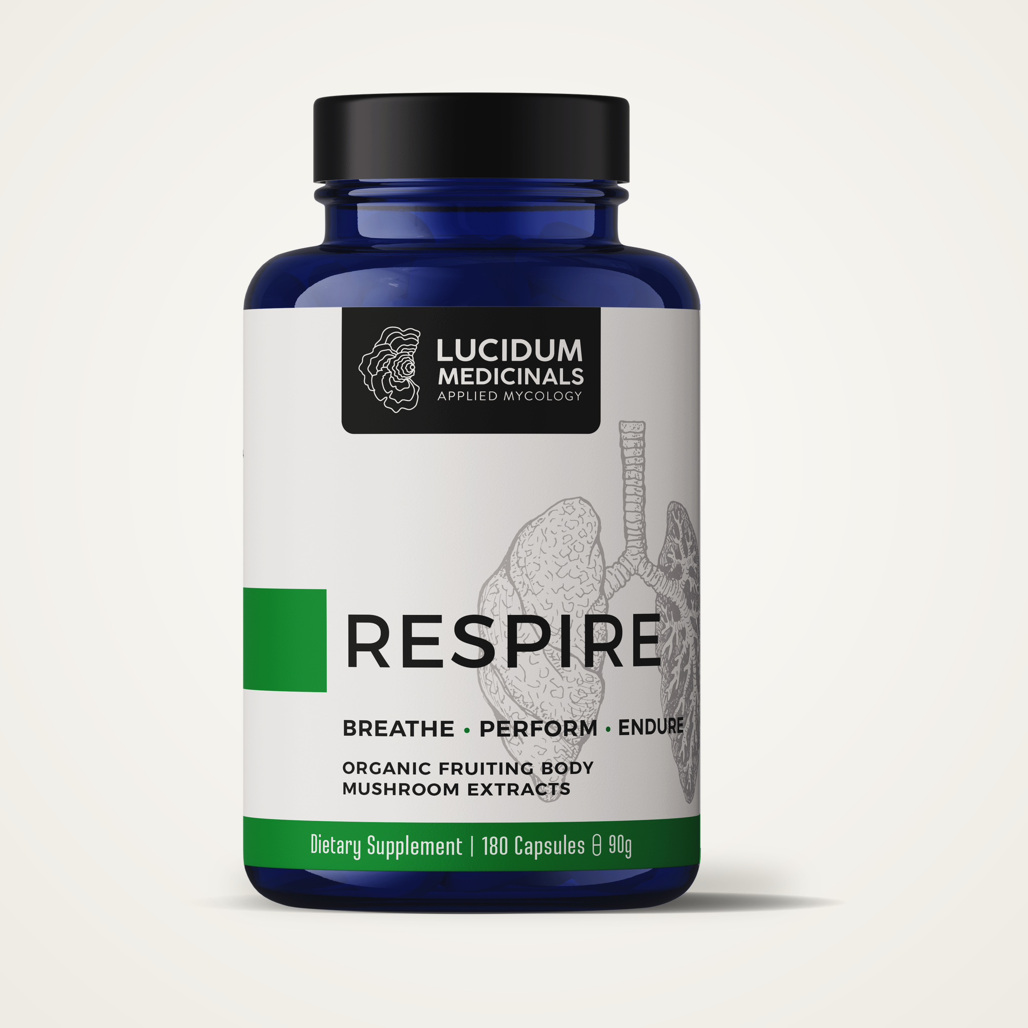 RESPIRE by Lucidum Medicinals, 180-capsule bottle of organic fruiting body mushroom extracts