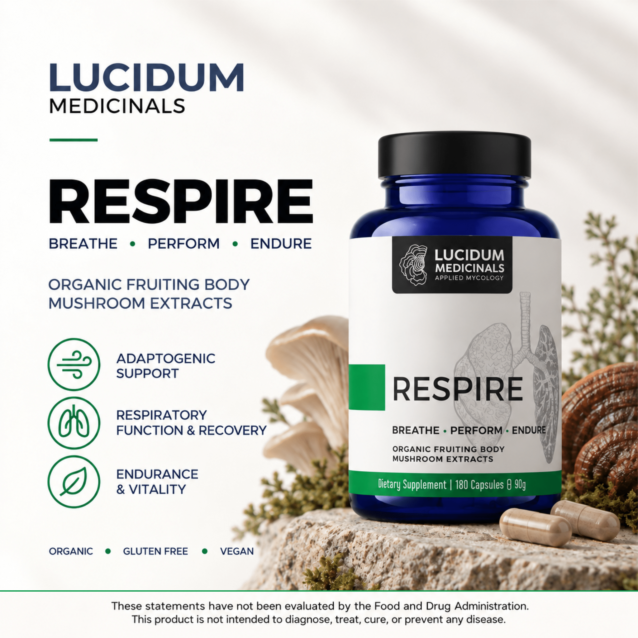 RESPIRE bottle with three benefits: adaptogenic support, respiratory function and recovery, endurance and vitality