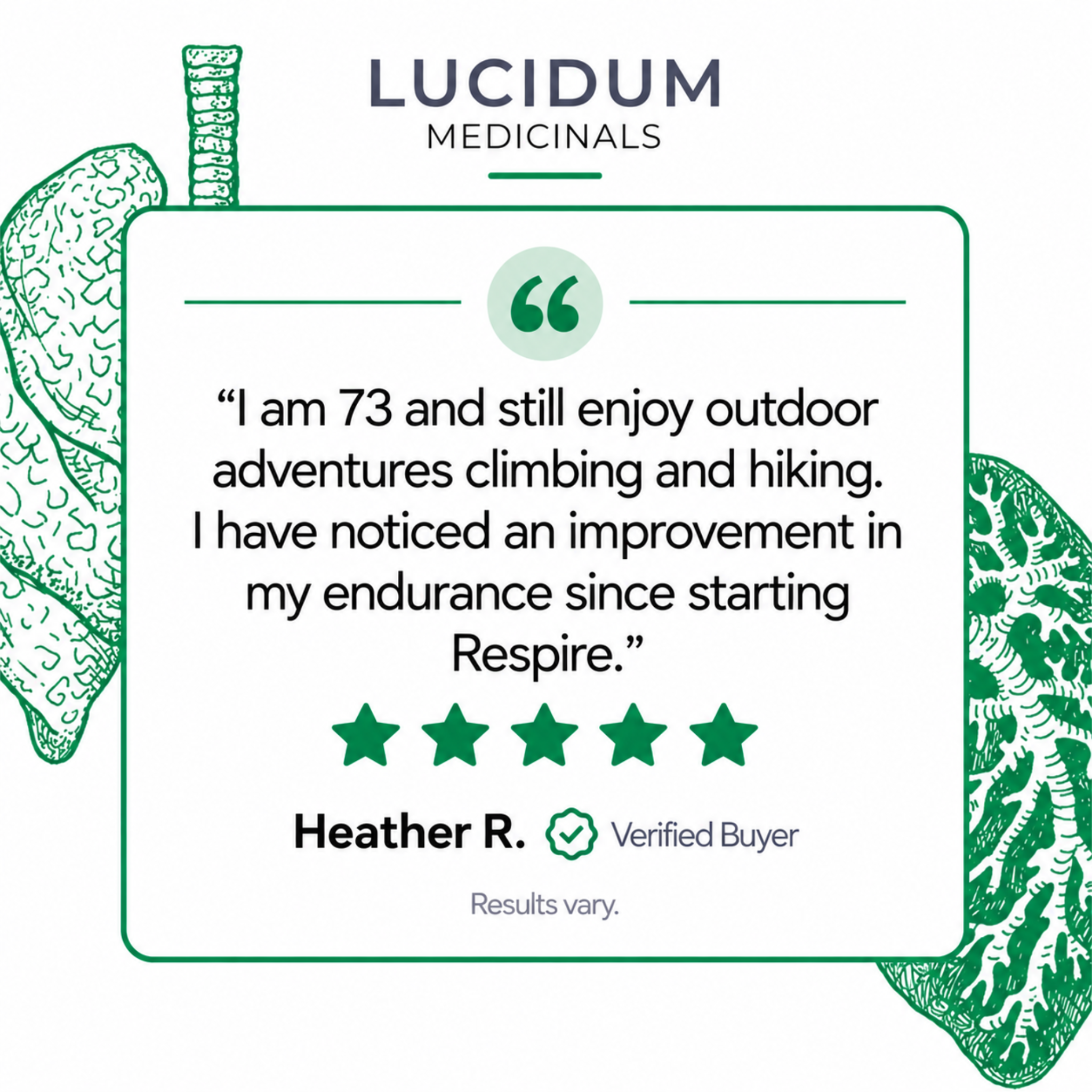 Five-star RESPIRE review from Heather R., a verified buyer: "I am 73 and still enjoy outdoor adventures climbing and hiking. I have noticed an improvement in my endurance since starting Respire."