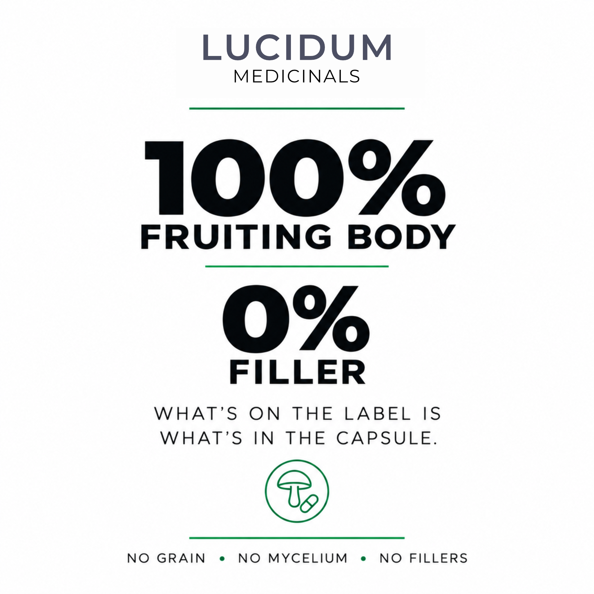 100% fruiting body, 0% filler: no grain, no mycelium, no fillers
